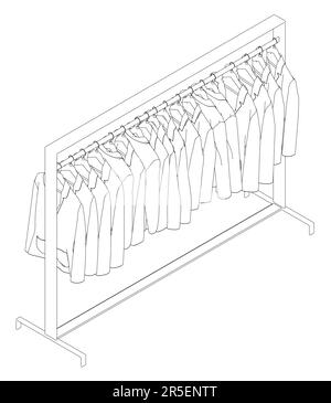 Outline of many jackets hanging on a hanger. Isometric view. 3D. Vector illustration. Stock Vector