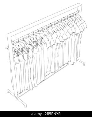 Outline of dresses hanging on hangers from black lines isolated on white background. Isometric view. 3D. Vector illustration. Stock Vector