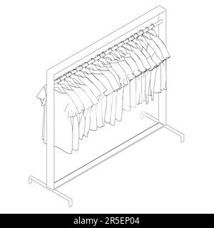 Outline of many t-shirts hanging on a hanger from black lines isolated on a white background. Isometric view. 3D. Vector illustration. Stock Vector