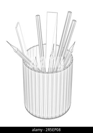 Wireframe of pencils and rulers in a glass from black lines isolated on a white background. Isometric view. 3D. Vector illustration. Stock Vector