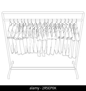 Outline of many t-shirts hanging on a hanger from black lines isolated on a white background. Side view. 3D. Vector illustration. Stock Vector