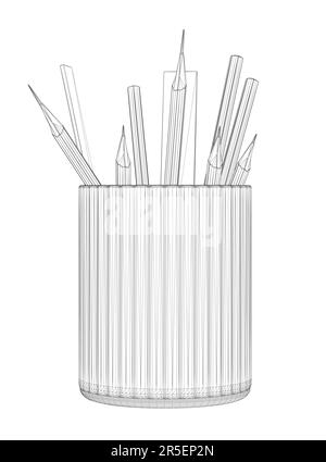 Wireframe of pencils and rulers in a glass from black lines isolated on a white background. Front view. 3D. Vector illustration. Stock Vector