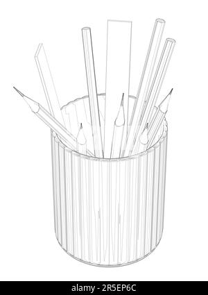 Contour of pencils and rulers in a glass from black lines isolated on a white background. Isometric view. 3D. Vector illustration. Stock Vector