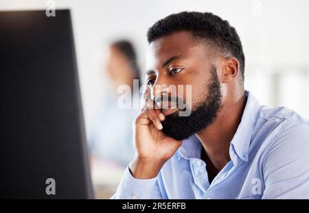Black businessman, bored and tired in office with computer, finance job and stress at desktop. African business man, pc and fatigue in workplace for Stock Photo