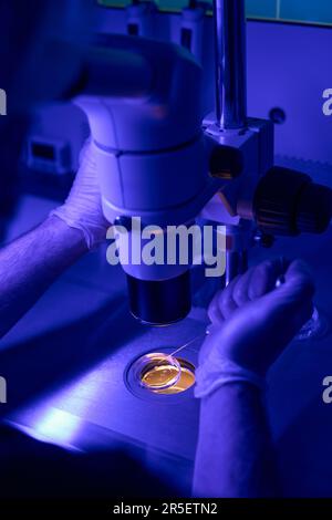 Genetic abnormalities laboratory worker examining cells under microscope Stock Photo