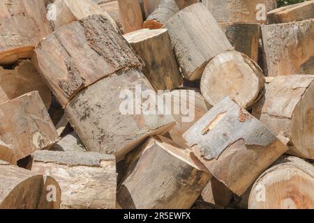 firewood background cut with a chainsaw in the sun Stock Photo