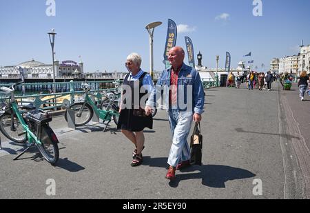 Brighton UK 3rd June 2023 - Skinheads enjoy the sunshine at the annual Great Skinhead Reunion weekend in Brighton where they gather from around the World to enjoy their music and fashion: Credit Simon Dack / Alamy Live News Stock Photo