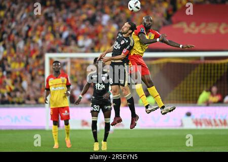 Vincent Marchetti (8) of Ajaccio and Seko Fofana (8) of RC Lens pictured during a soccer game between t Racing Club de Lens and AC Ajaccio, on the 37th matchday of the 2022-2023 Ligue 1 Uber Eats season , on  Sunday 27 May 2023  in Lens , France . PHOTO SPORTPIX | David Catry Stock Photo