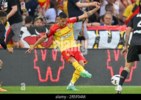 Lens, France. 27th May, 2023. Angelo Fulgini (20) of RC Lens pictured  during a soccer game between t Racing Club de Lens and AC Ajaccio, on the  37th matchday of the 2022-2023