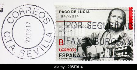 MOSCOW, RUSSIA - MAY 17, 2023: Postage stamp printed in Spain shows Paco de Lucia (1947 - 2014), Europa (C.E.P.T.) 2014 - Musical Instruments serie, c Stock Photo