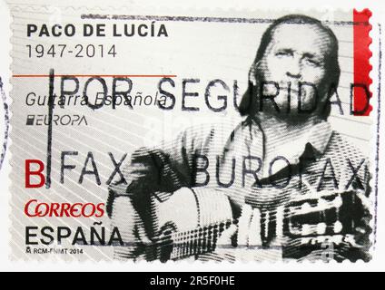 MOSCOW, RUSSIA - MAY 17, 2023: Postage stamp printed in Spain shows Paco de Lucia (1947 - 2014), Europa (C.E.P.T.) 2014 - Musical Instruments serie, c Stock Photo