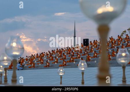 Pathum Thani, Thailand. 3rd June, 2023. Thousands of worshippers gathered at Thailand's Wat Dhammakaya temple to take part in a ceremony marking Vesak Bucha day, one of the most important holiday's in Theravada Buddhism. Over 100,000 LED lantern were arranged around the temple's central Cetiya dome into large patterns visible from the air depicting important periods of the Buddha's life. (Credit Image: © Adryel Talamantes/ZUMA Press Wire) EDITORIAL USAGE ONLY! Not for Commercial USAGE! Credit: ZUMA Press, Inc./Alamy Live News Stock Photo