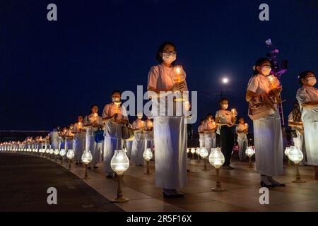Pathum Thani, Thailand. 3rd June, 2023. Thousands of worshippers gathered at Thailand's Wat Dhammakaya temple to take part in a ceremony marking Vesak Bucha day, one of the most important holiday's in Theravada Buddhism. Over 100,000 LED lantern were arranged around the temple's central Cetiya dome into large patterns visible from the air depicting important periods of the Buddha's life. (Credit Image: © Adryel Talamantes/ZUMA Press Wire) EDITORIAL USAGE ONLY! Not for Commercial USAGE! Credit: ZUMA Press, Inc./Alamy Live News Stock Photo