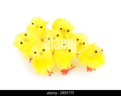 Funny toy chicks on white background Stock Photo