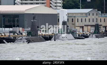 Yokusuka, Japan. 03rd June, 2023. Japan Maritime Self-Defense Force's submarines are seen anchored at Fleet Activities (FLEACT) Yokosuka in Kanagawa-Prefecture, Japan on Saturday, June 3, 2023. Photo by Keizo Mori/UPI Credit: UPI/Alamy Live News Stock Photo
