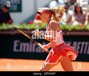 Russian tennis player Mirra Andreeva in action at the French Open 2024 ...