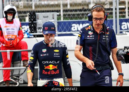 Barcelona, Spain. 03rd June, 2023. (L to R): Sergio Perez (MEX) Red Bull Racing with Hugh Bird (GBR) Red Bull Racing Engineer. 03.06.2023. Formula 1 World Championship, Rd 8, Spanish Grand Prix, Barcelona, Spain, Qualifying Day. Photo credit should read: XPB/Press Association Images. Credit: XPB Images Ltd/Alamy Live News Stock Photo