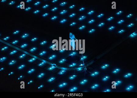 Pathum Thani, Thailand. 3rd June, 2023. Thousands of worshippers gathered at Thailand's Wat Dhammakaya temple to take part in a ceremony marking Vesak Bucha day, one of the most important holiday's in Theravada Buddhism. Over 100,000 LED lantern were arranged around the temple's central Cetiya dome into large patterns visible from the air depicting important periods of the Buddha's life. (Credit Image: © Adryel Talamantes/ZUMA Press Wire) EDITORIAL USAGE ONLY! Not for Commercial USAGE! Credit: ZUMA Press, Inc./Alamy Live News Stock Photo
