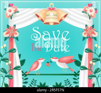 Wedding invitation. 3d illustration of a pair of birds with flowers in summer, modern card design with greenery frame and fabric wedding arch on soft Stock Vector