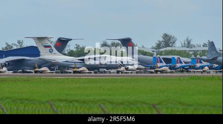 Langkawi, Malaysia - May 28, 2023. Military aircarfts waiting at Langkawi Airport (LGK), Malaysia. Stock Photo