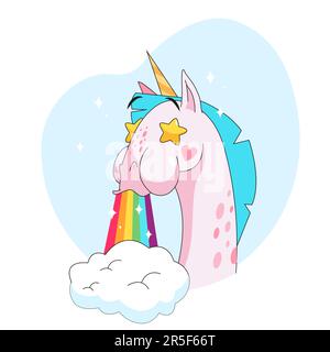 Cute unicorn cartoon character with rainbow from mouth sticker Stock Vector
