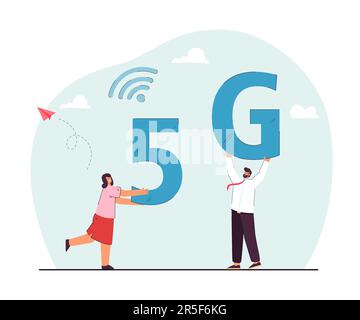Tiny happy cartoon office workers holding 5G symbol Stock Vector