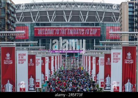 London, UK.  3 June 2023.  Fans arrive on Olympic Way for the FA Cup Final between Manchester City and Manchester United at Wembley Stadium.  A no alcohol ban has been imposed in the area for crowd safety. Credit: Stephen Chung / Alamy Live News Stock Photo