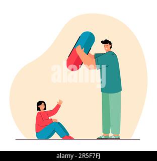 Man doctor giving pill to upset depressed woman Stock Vector