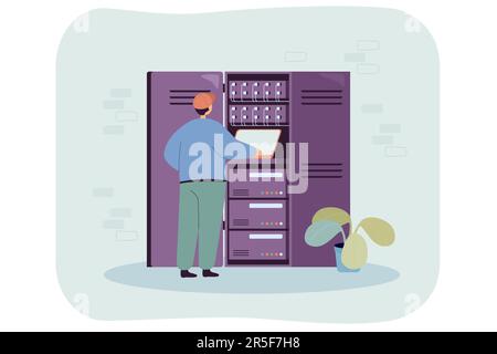 Sysadmin engineer working at switchboard with server rack Stock Vector