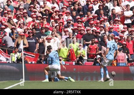 Wembley Stadium, London, UK. 3rd June, 2023. FA Cup Final Football, Manchester City versus Manchester United; Ilkay Gundogan of Manchester City celebrates after he scores for 1-0 in 13 seconds Credit: Action Plus Sports/Alamy Live News Stock Photo