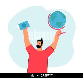 Happy tourist holding passport with airplane ticket and globe Stock Vector