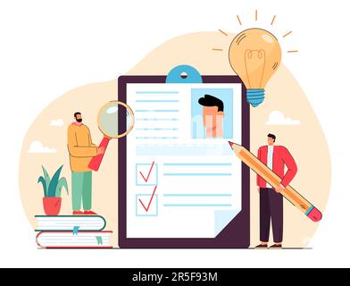 Cartoon character filling in form in survey or checklist Stock Vector