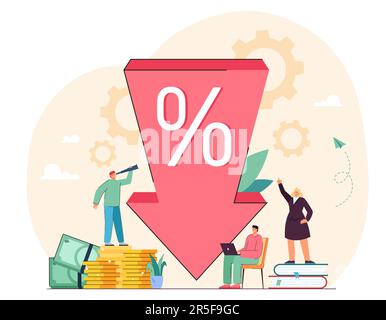 Tiny people and arrow of loan interest rate or price going down Stock Vector
