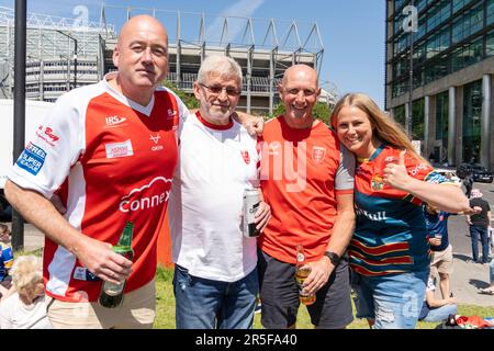 Newcastle upon Tyne, UK. 3rd June 2023. Rugby League fans at the Betfred Super League Magic Weekend taking place in the city, with fixtures hosted at St James' Park stadium. Hull K R supporters. Credit: Hazel Plater/Alamy Live News Stock Photo