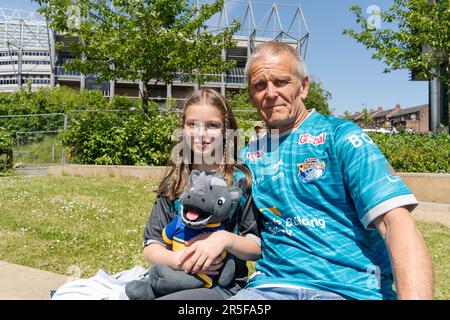 Newcastle upon Tyne, UK. 3rd June 2023. Rugby League fans at the Betfred Super League Magic Weekend taking place in the city, with fixtures hosted at St James' Park stadium. Leeds Rhinos supporters. Credit: Hazel Plater/Alamy Live News Stock Photo