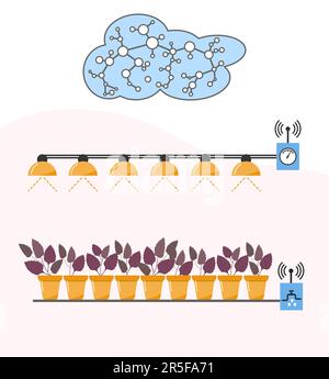 Remote control of  intelligent agricultural greenhouse system using digital device Vector illustration. Hydroponics, aeroponics process of growing pla Stock Vector