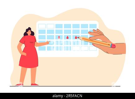 Tiny woman marking her period in calendar using pencil Stock Vector