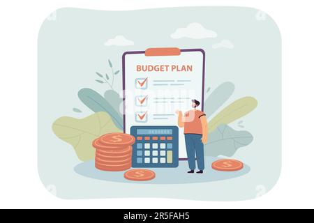 Tiny cartoon man with budget plan on clipboard and calculator Stock Vector