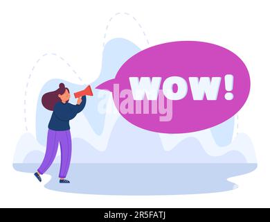 Woman giving loud shout WOW in megaphone or loudspeaker Stock Vector