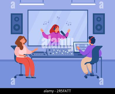 Music producer at mixing desk listening to singer in studio Stock Vector