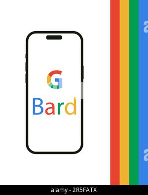 Kyiv, Ukraine - 03 June 2022: G Bard logo on Iphone 14 screen - vector illustration. Bard is a conversational generative artificial intelligence chatb Stock Vector
