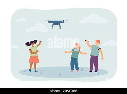 Cute children playing with flying drone together Stock Vector