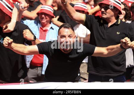 London, UK. 03rd June, 2023. Manchester United fans during the FA Cup Final match between Manchester City and Manchester United at Wembley Stadium on June 3rd 2023 in London, England. (Photo by Daniel Chesterton/phcimages.com) Credit: PHC Images/Alamy Live News Stock Photo