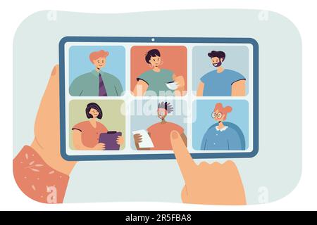 Hands holding tablet with group video call on screen Stock Vector