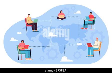 Cartoon men and women sitting with laptops, doing work Stock Vector