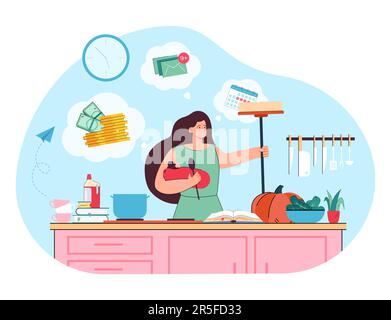 Busy young mom in stress holding baby surrounded by chaos Stock Vector