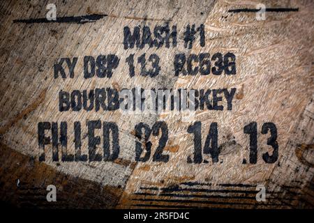 Closeup of top of a barrel with bourbon whiskey at  Kilchoman distillery , Islay, Scotland Stock Photo