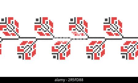 Ukrainian pattern. Vector ornament, seamless border. Ukrainian folk, ethnic geometric embroidery. Pattern in red and black colors. Pixel art Stock Vector