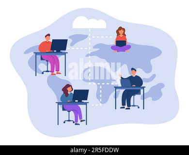 Remote team of cartoon employees sharing data via cloud system Stock Vector