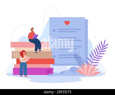 Tiny cartoon man and woman reading books or textbooks from list Stock Vector